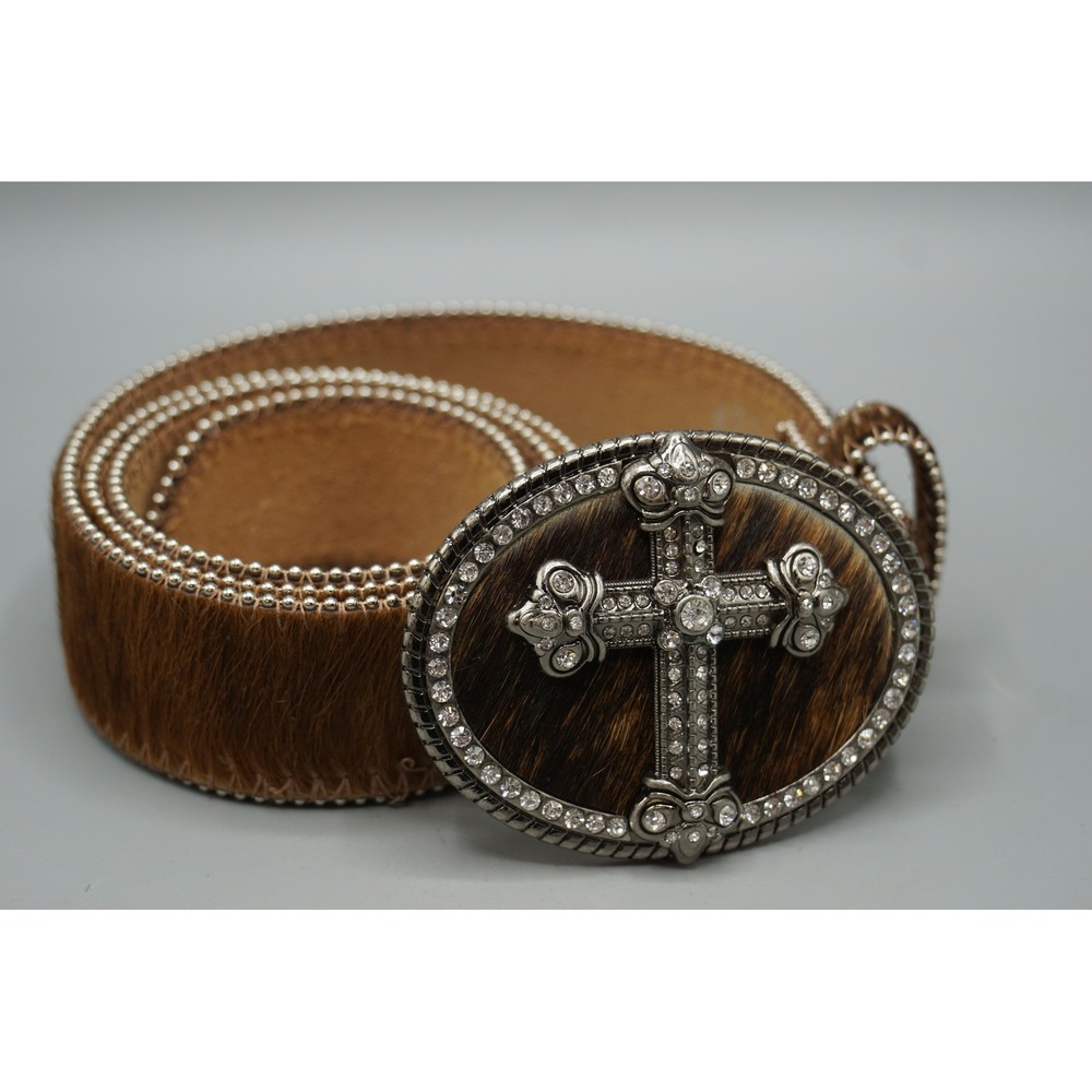 Western Cowhide Leather Belt Rhinestone Cross Buckle Brown Hair on Hide Medium